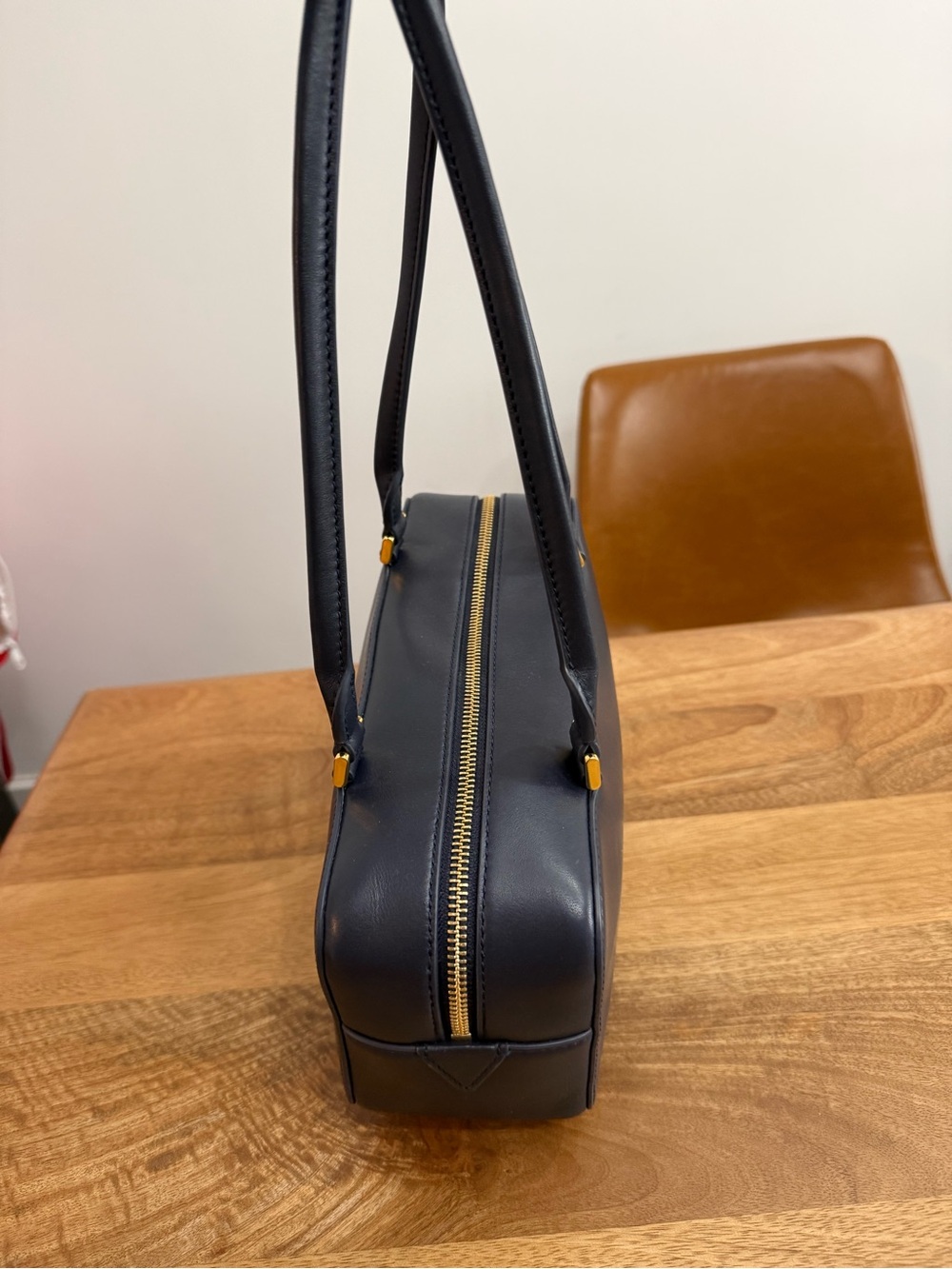 Veronica Beard Navy Leather Dual-Handle Satchel with Gold Hardware - Picture 3 of 3